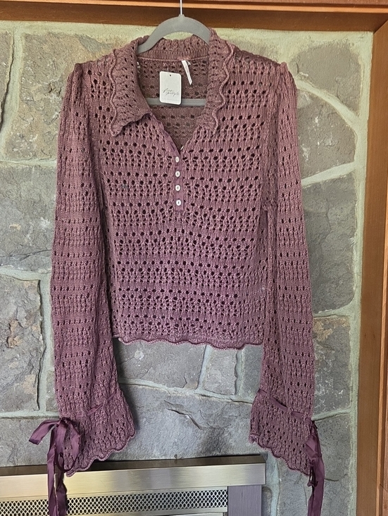 Free People Tops - Free People Mauve Crochet Knit Button-Front Long Sleeve Top